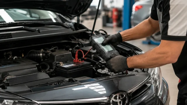 Mecânico testando bateria do carro descarregando com analisador profissional