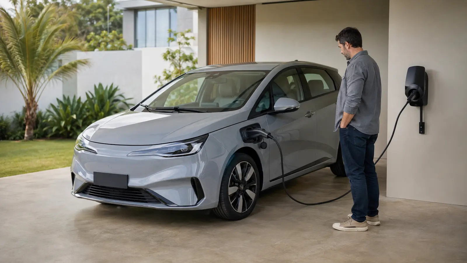Motorista avalia um BYD Dolphin elétrico conectado a um wallbox residencial