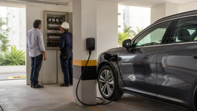 SUV híbrido plug-in conectado a wallbox em garagem de condomínio.