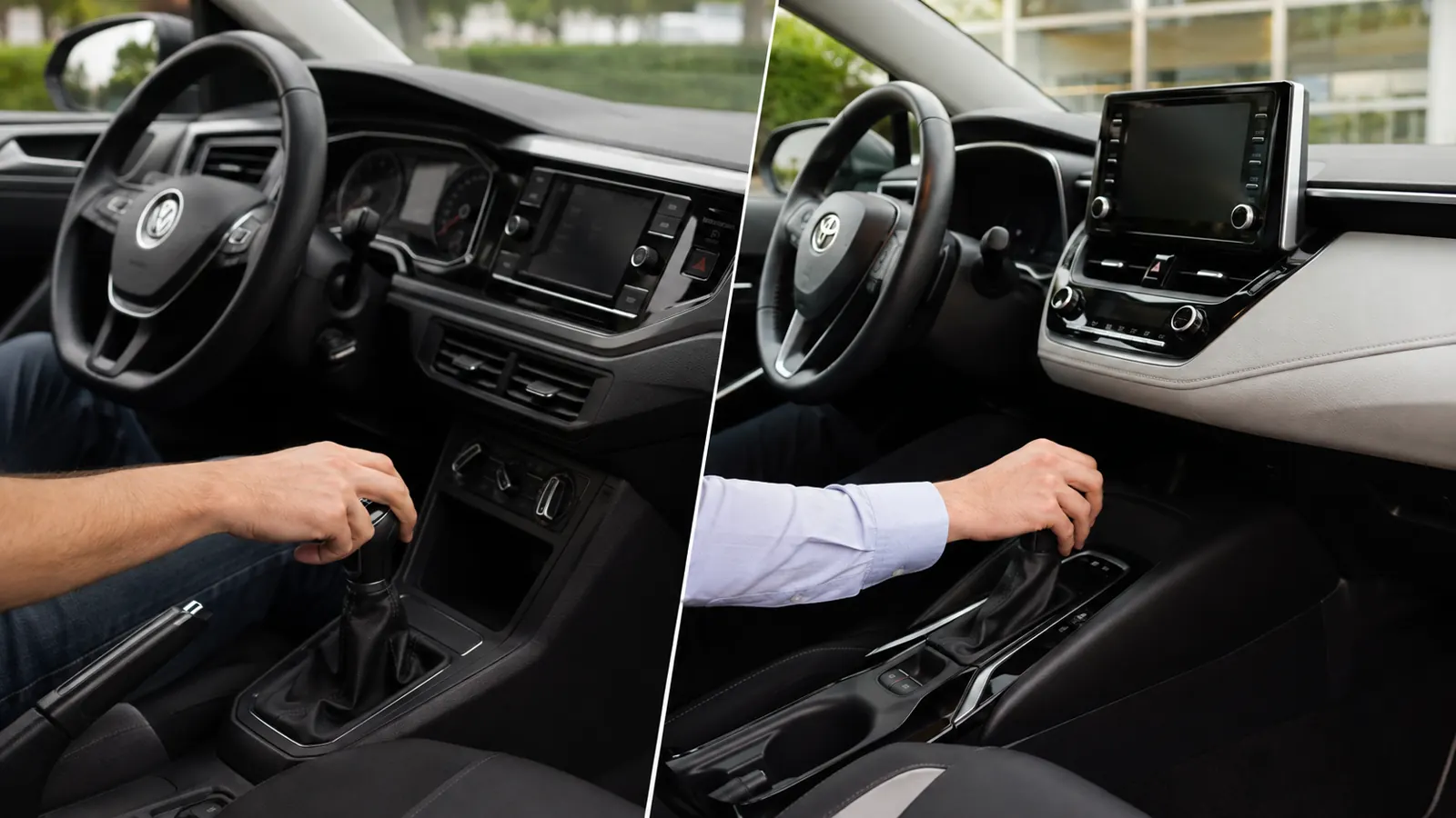 Interiores de Volkswagen manual e Toyota automático comparados em imagem editorial