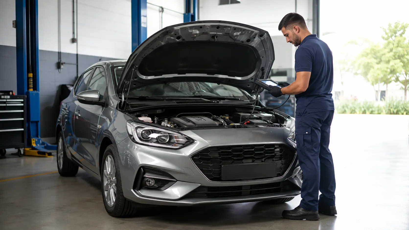 Técnico automotivo usa scanner de diagnóstico em carro hatch com capô aberto em oficina.