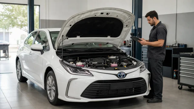 Técnico realiza diagnóstico pré-compra em um Toyota Corolla híbrido usado dentro de uma oficina.