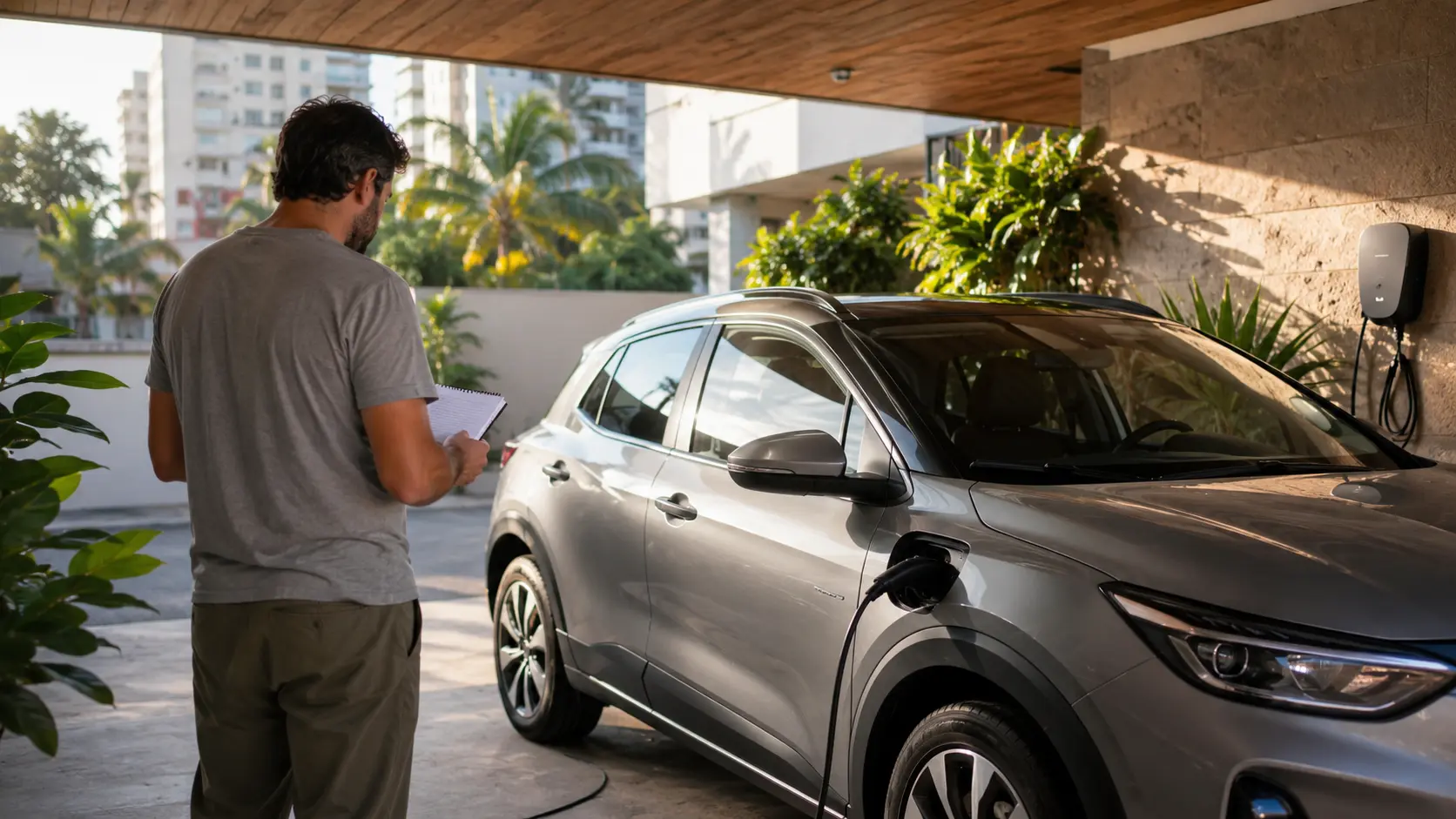 Carro híbrido estacionado em garagem residencial brasileira ao lado de motorista avaliando custos