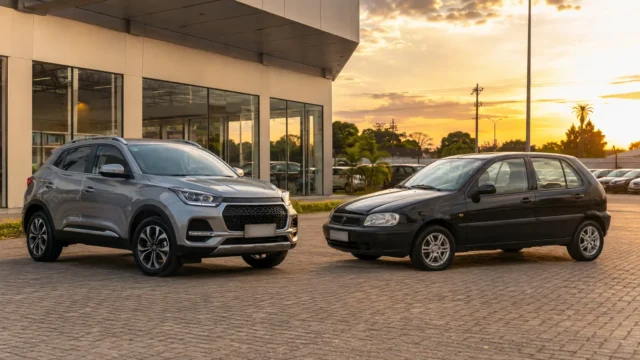 Carro novo e carro usado lado a lado em comparação de compra