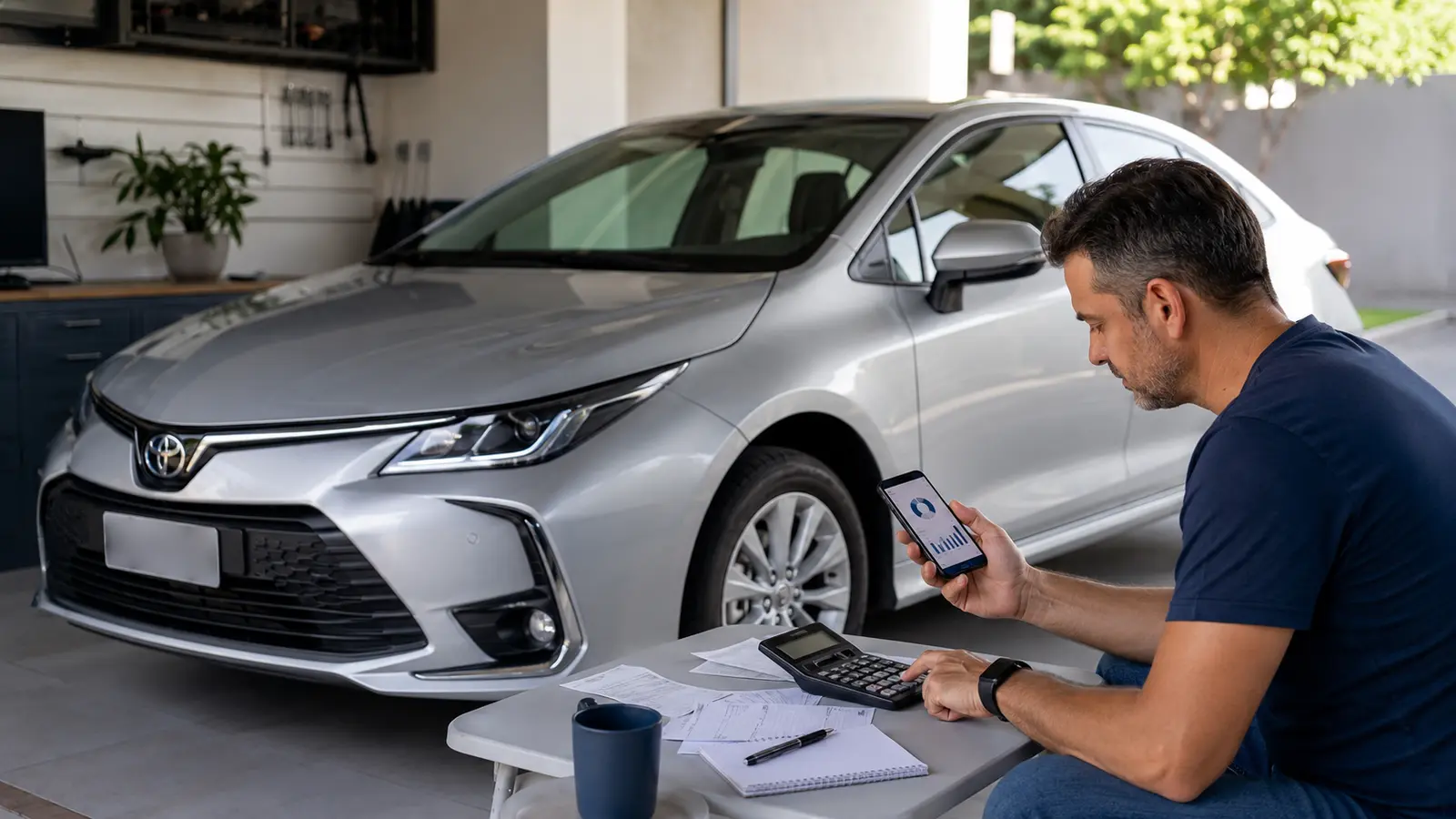 Proprietário calcula o custo por quilômetro ao lado de um Toyota Corolla prata