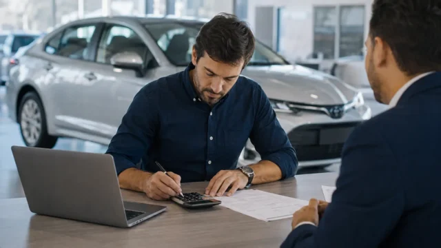 Comprador calculando financiamento de carro diante de um Toyota Corolla