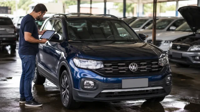 Comprador verificando como saber se o carro é de leilão antes da compra