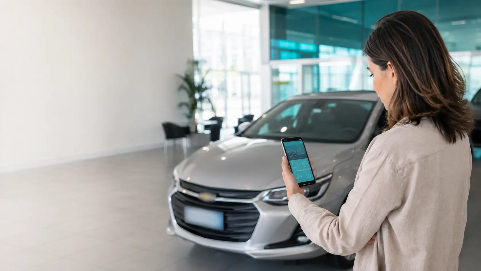 Compradora consulta o histórico de um Chevrolet Onix prata pelo celular antes de avaliar o carro em uma loja de seminovos.