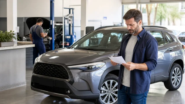 Proprietário avalia custos de manutenção ao lado de SUV híbrido em oficina.
