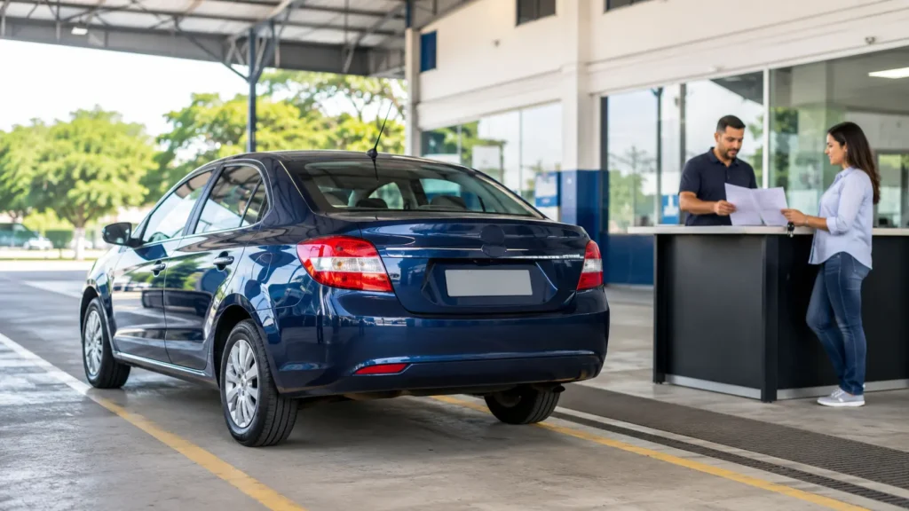 Documentos para transferir carro usado: sedã azul em vistoria enquanto compradores organizam a transferência.