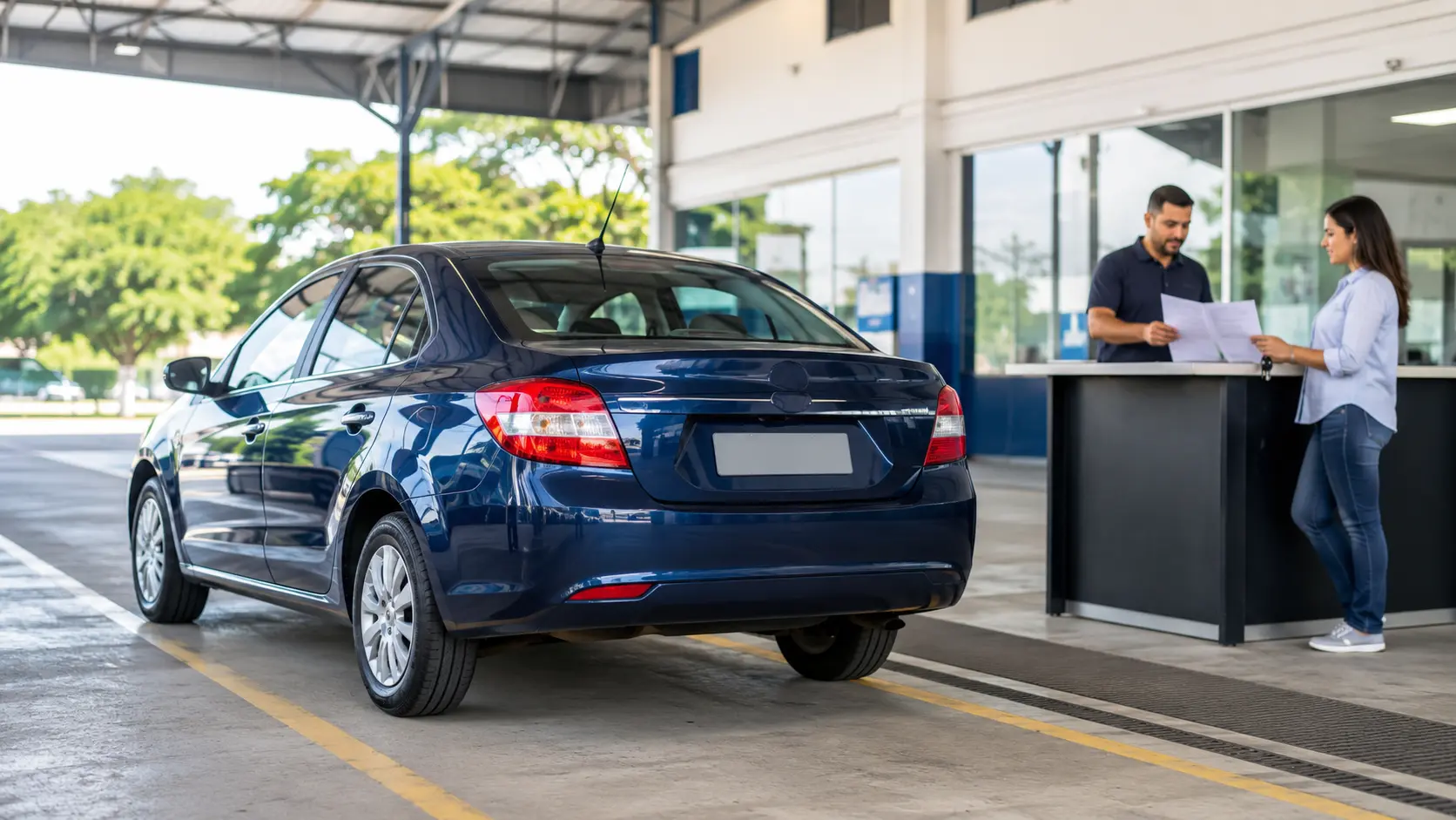 Documentos para transferir carro usado: sedã azul em vistoria enquanto compradores organizam a transferência.