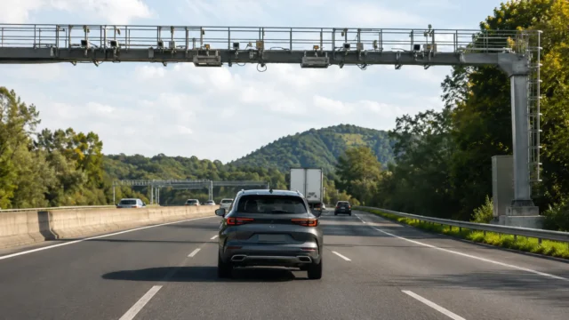 SUV passando sob pórtico de pedágio eletrônico Free Flow em uma rodovia