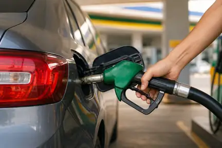 Carro cinza sendo abastecido em posto de combustível, com bico da bomba inserido no tanque, em imagem ilustrativa sobre gasolina E32.