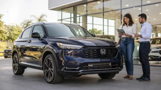 Honda HR-V 2026 azul sendo avaliado por comprador e consultor em uma concessionária