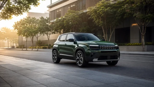 Jeep Avenger verde estacionado em rua urbana ao amanhecer