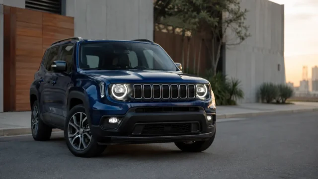 Jeep Renegade 2027 azul visto de frente em cenário urbano