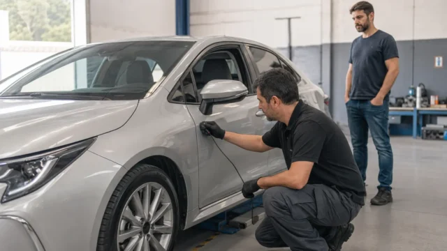 Profissional inspeciona a estrutura de um carro seminovo durante vistoria pré-compra