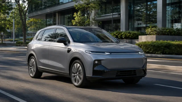 Leapmotor B10 Ultra-Híbrido em avenida urbana, visto de frente em três quartos