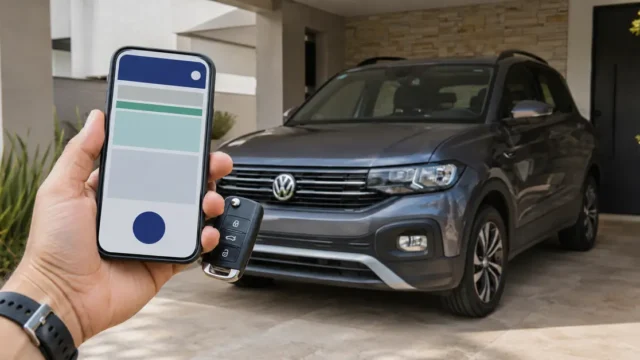 Motorista segura celular com documento veicular digital e chave diante de um Volkswagen T-Cross