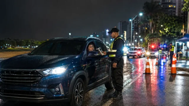 Motorista participa de fiscalização da Lei Seca com teste do bafômetro em blitz noturna