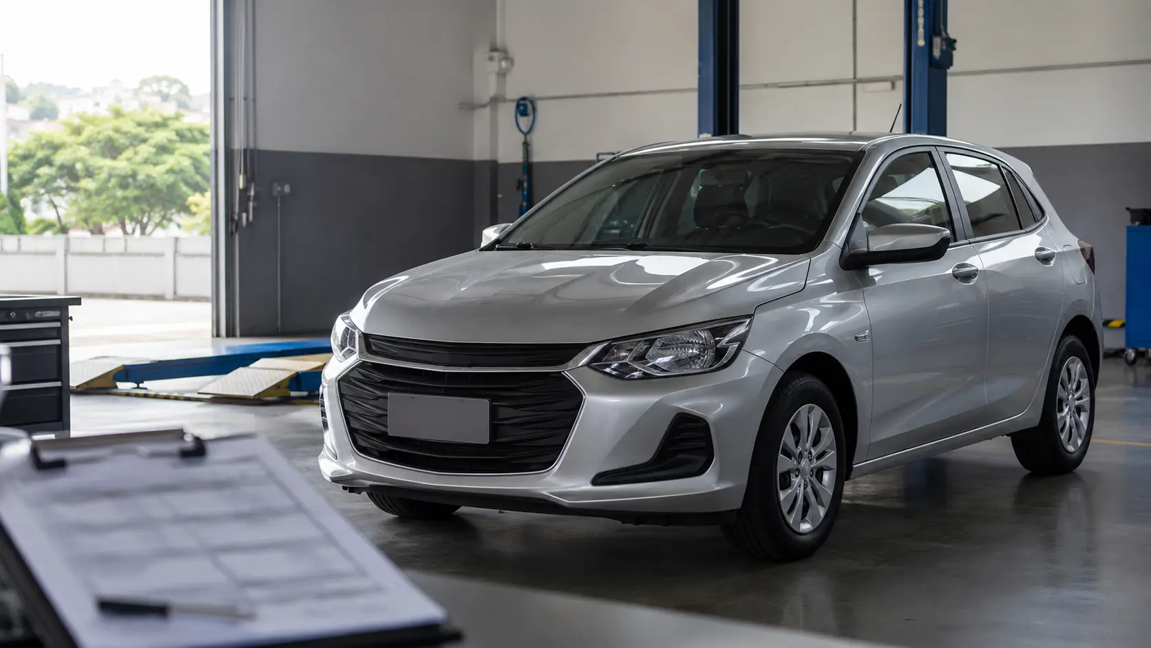 Hatch compacto prata em área de inspeção automotiva antes da compra de um usado.