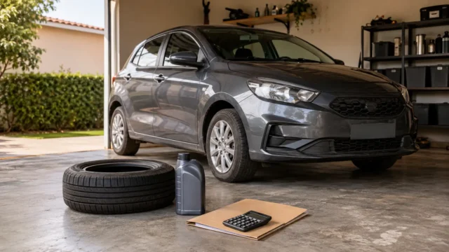 Carro em garagem com pneu e itens de manutenção que entram no custo mensal