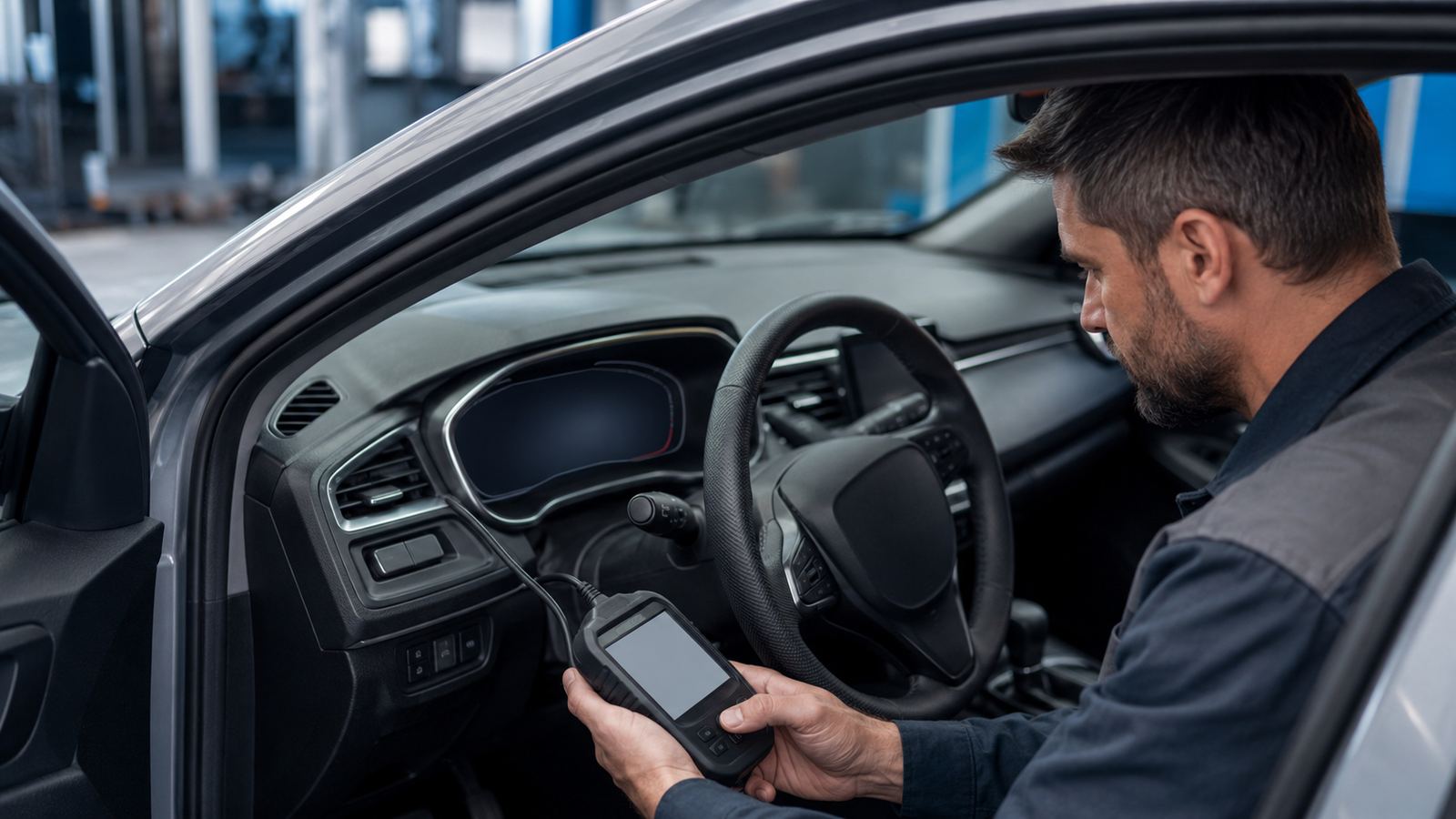 Inspetor verifica o painel e o sistema de um carro usado durante avaliação de quilometragem.