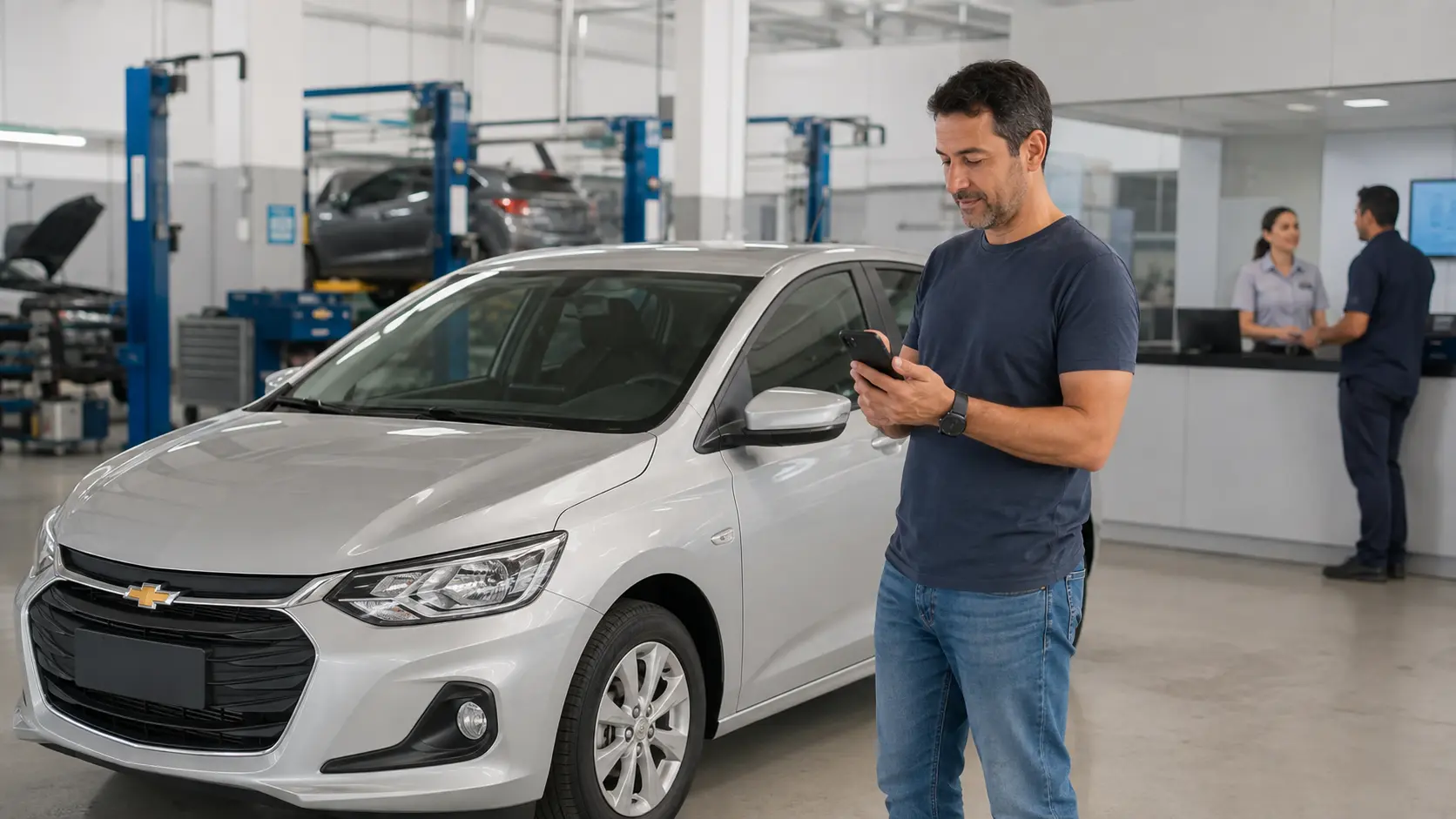 Motorista consulta recall no celular ao lado de um Chevrolet Onix em uma oficina autorizada
