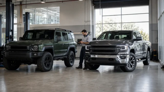 SUV off-road e picape em uma oficina durante atendimento preventivo de recall