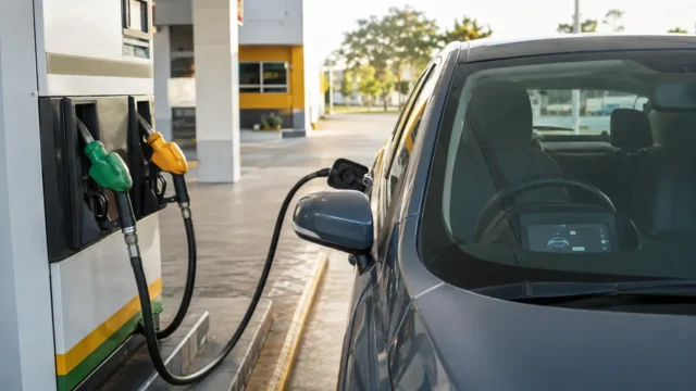 Bicos de gasolina e etanol ao lado de carro flex para comparar a regra dos 70%