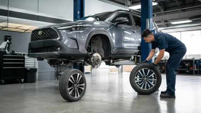 Técnico realizando rodízio de pneus em um Toyota Corolla Cross sobre elevador