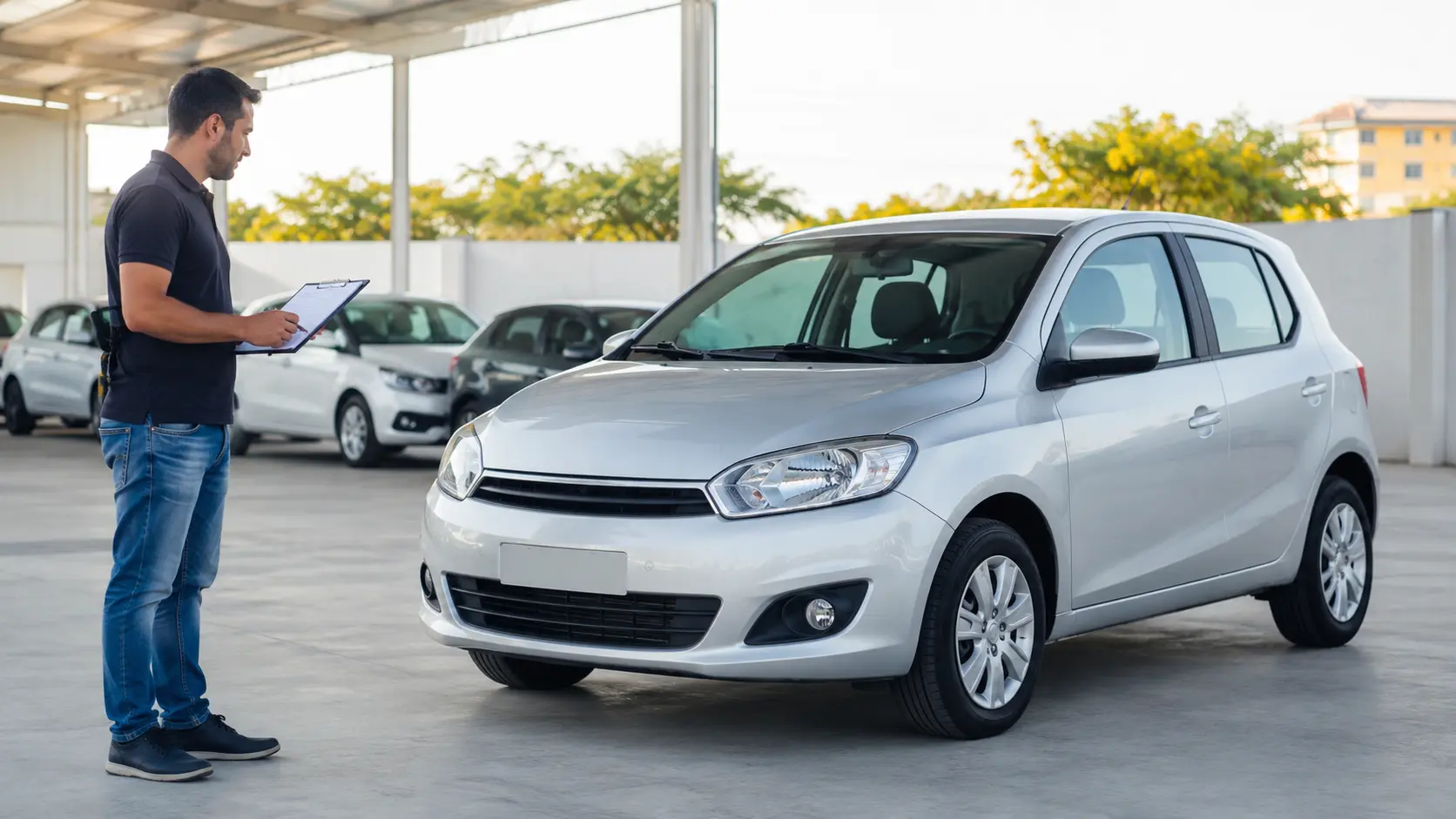 Comprador compara um hatch usado prata antes de negociar o preço.