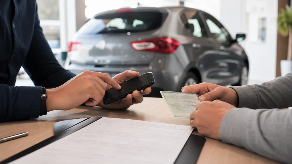 Transferência eletrônica de veículos: pessoas utilizam smartphone e documento de veículo diante de um carro em ambiente de atendimento.