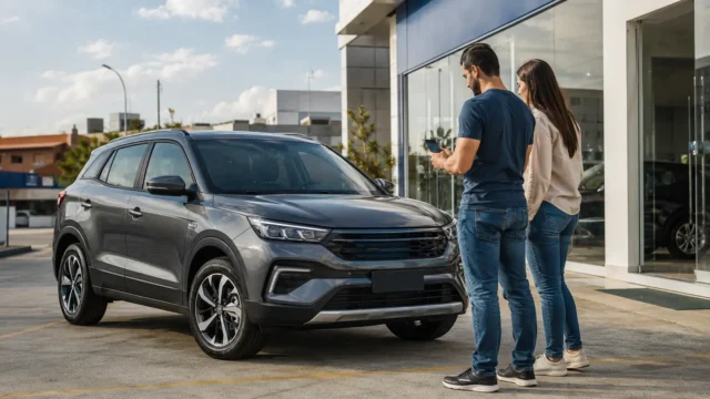 Casal ao lado de SUV cinza consultando smartphone durante transferência digital de veículo
