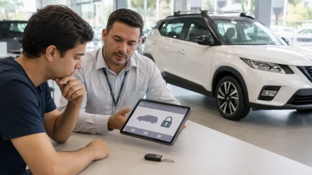 Comprador e consultor analisam restrição financeira em tablet diante de um Nissan Kicks usado