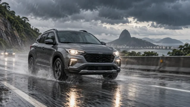 SUV genérico trafegando com cautela em rodovia molhada sob chuva forte