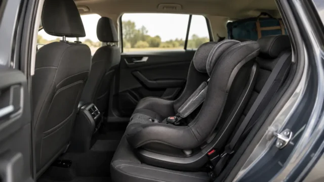 Cadeirinha infantil instalada no banco traseiro de um carro preparado para viagem