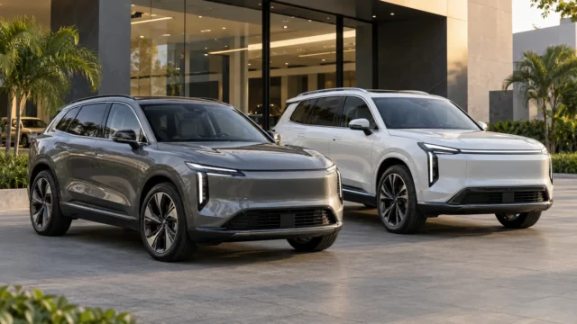 Dois SUVs elétricos premium diante de um centro automotivo contemporâneo