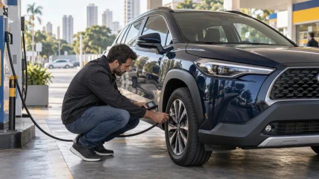 Motorista fazendo a calibragem de pneus de um Toyota Corolla Cross