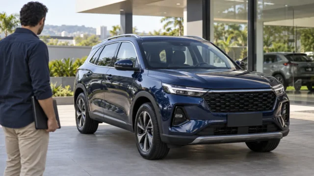 Comprador observa SUV médio azul genérico diante de uma concessionária