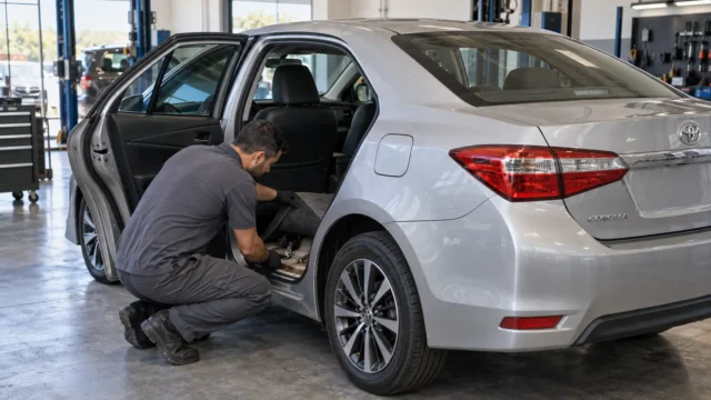 Carro de enchente em avaliação pré-compra com carpete levantado