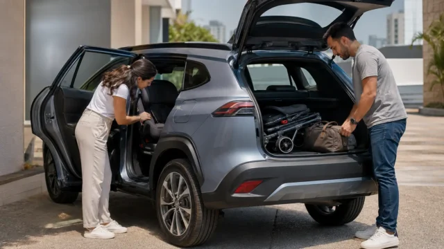 Casal avaliando cadeirinha e porta-malas de um carro para família