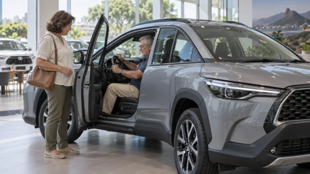 Casal avaliando um carro para idosos com acesso confortável e boa posição de dirigir