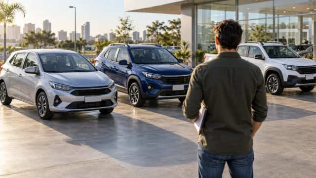 Comprador compara hatch, SUV e picape novos em pátio de concessionária