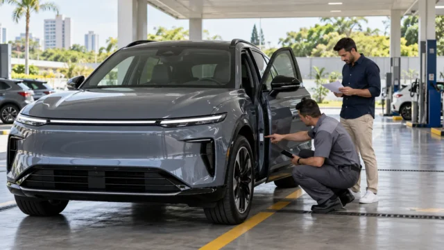 Motorista e técnico conferem a identificação de um SUV elétrico genérico