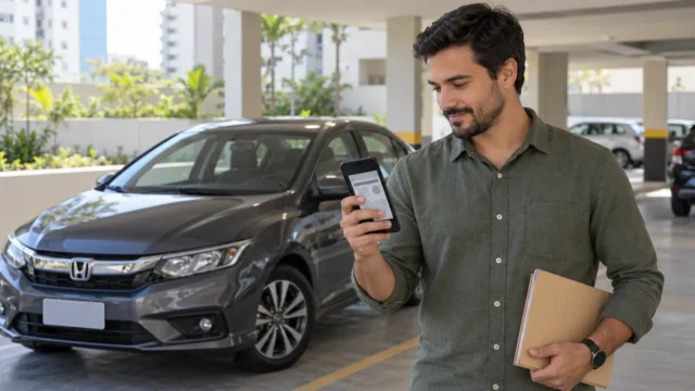 Motorista aprende como baixar CRLV digital no celular ao lado do carro