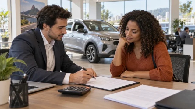 Compradora avaliando como financiar carro sem entrada em uma concessionária