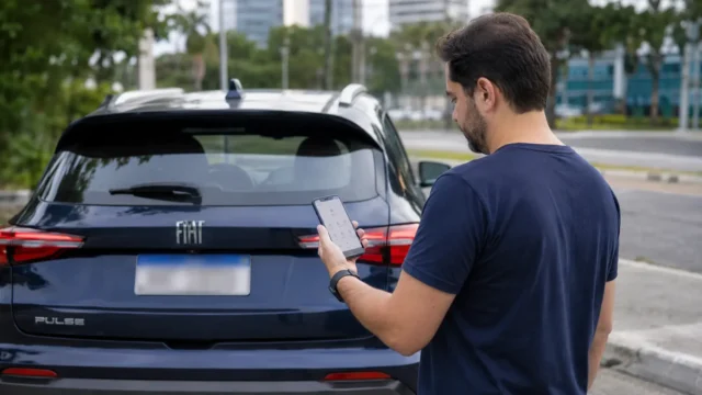 Motorista usando celular para consultar multas pela placa em canal oficial