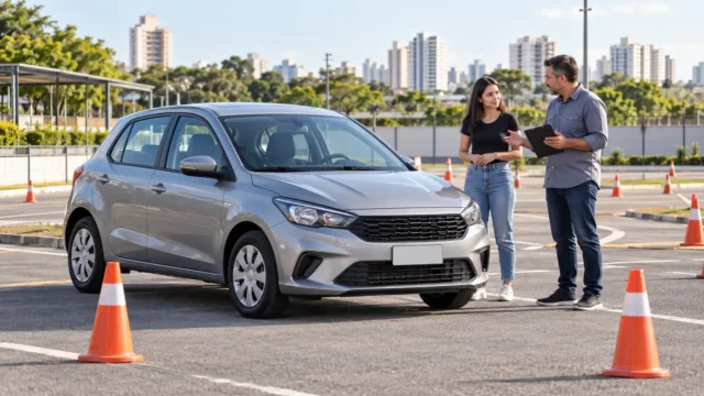 Carro compacto em circuito de exame prático de direção com cones e dois adultos ao lado