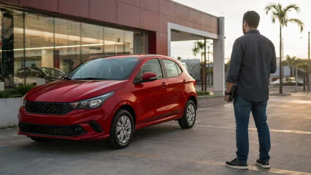 Fiat Argo vermelho diante de concessionária enquanto comprador avalia o carro